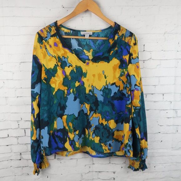 ALLISON JOY BLUE GREEN & GOLD LONG SLEEVE V NECK ABSTRACT MULTI COLOR TOP XS - Picture 1 of 7